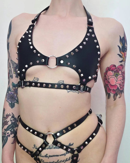 Cut out studded spike o-ring cage bra